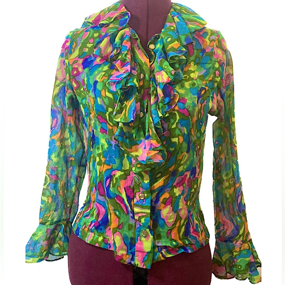 Vintage sheer psychedlic ruffled buttondown
